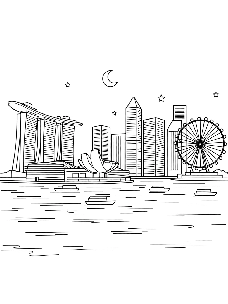 (Singapore) A nighttime panorama of Singapore’s skyline with city lights reflecting on Marina Bay