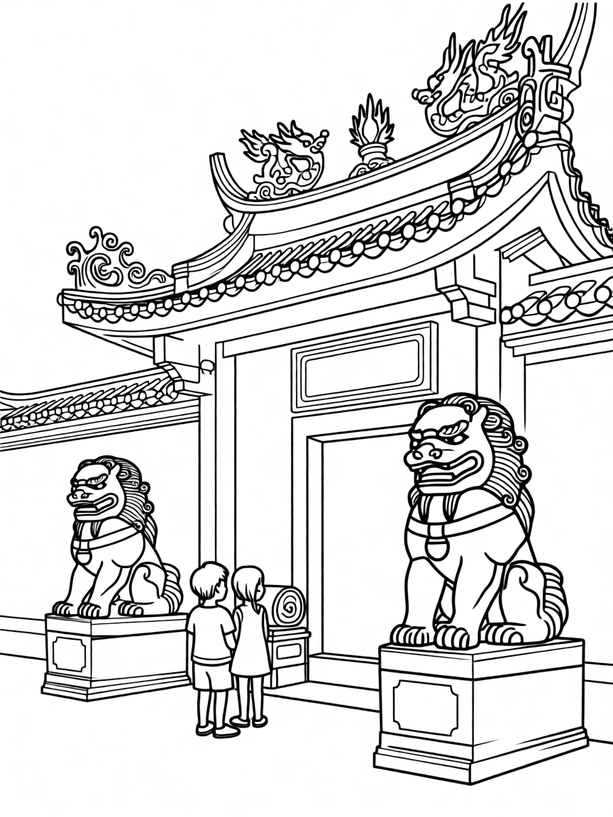 (Singapore) The Thian Hock Keng Temple in Chinatown with its ornate carvings and guardian lion statues