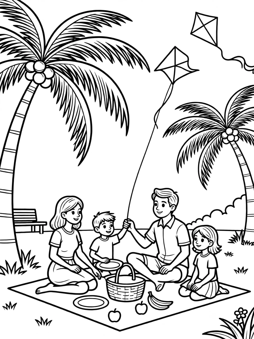 (Singapore) A family having a picnic at East Coast Park, flying kites under swaying coconut trees