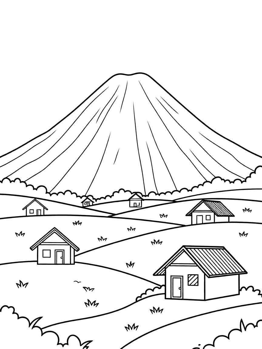 (Philippines) The perfect cone of Mayon Volcano rising above green fields and small houses