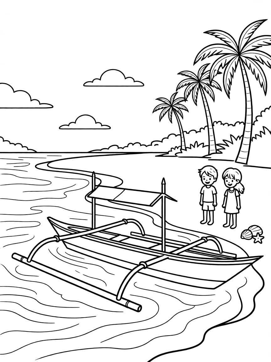 (Philippines) A sunny white-sand beach in Palawan with a bangka (outrigger boat) on clear blue water