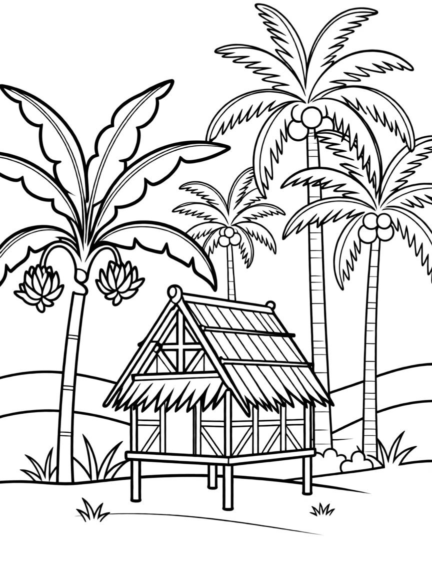 (Philippines) A traditional bahay kubo (nipa hut) in a rural village surrounded by banana and coconut trees