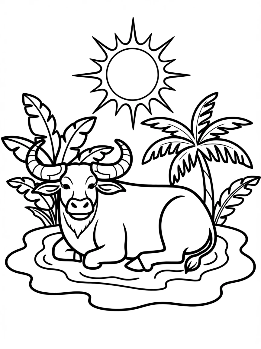 (Philippines) A carabao (water buffalo) relaxing in a mud pool under the tropical sun