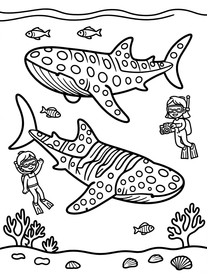 (Philippines) Whale sharks swimming in the ocean near Cebu, with divers observing these gentle giants