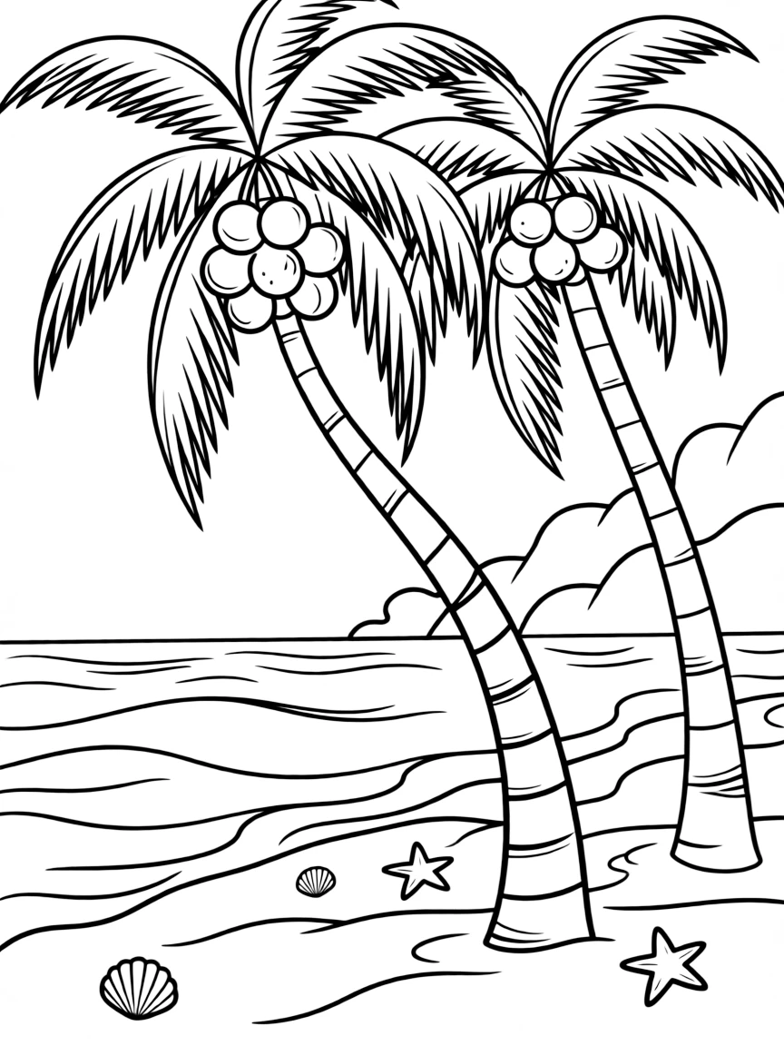 (Philippines) Tall coconut palm trees laden with coconuts on a tropical beach