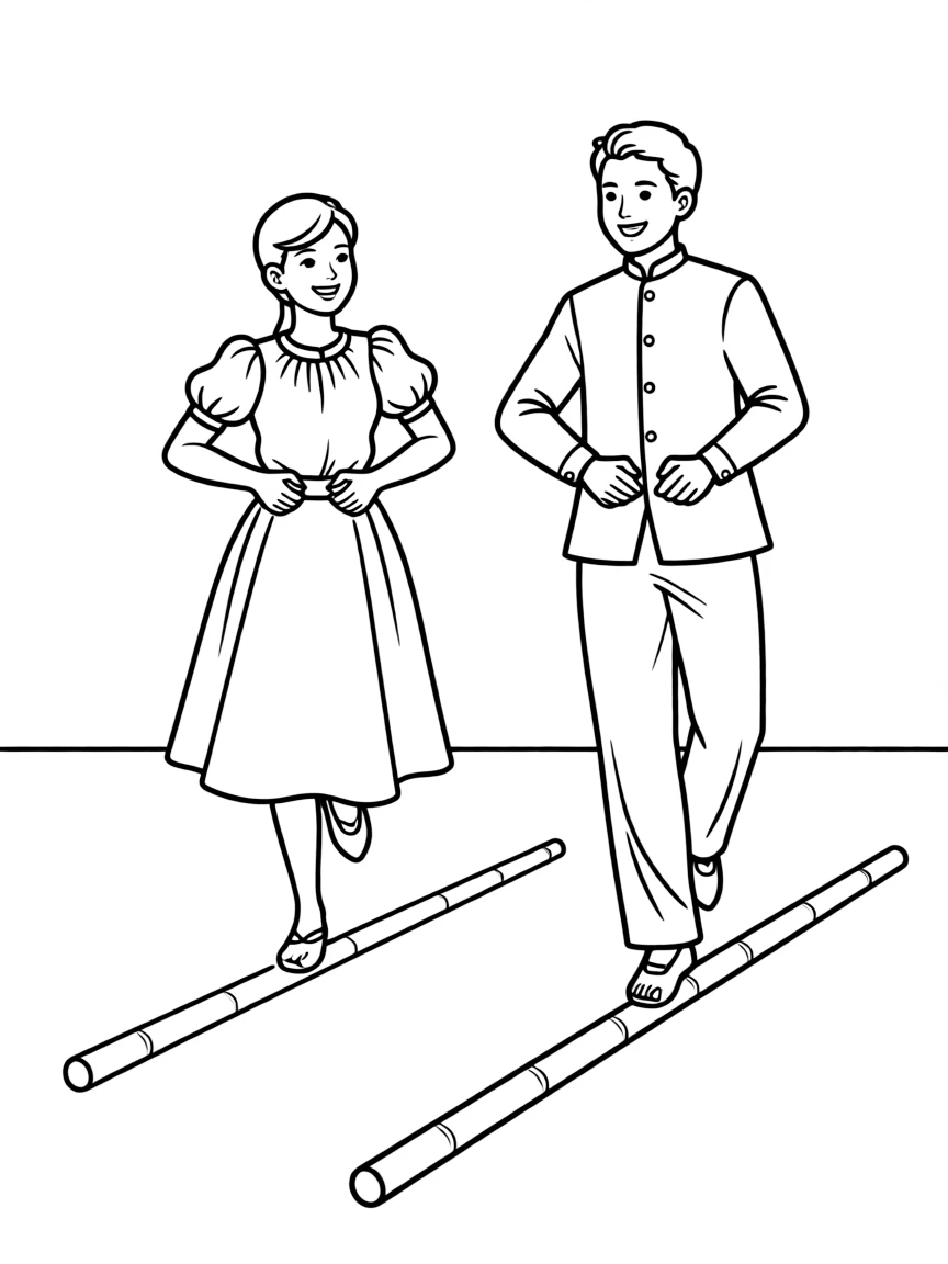 (Philippines) A pair of dancers doing the tinikling dance, skillfully hopping between bamboo poles
