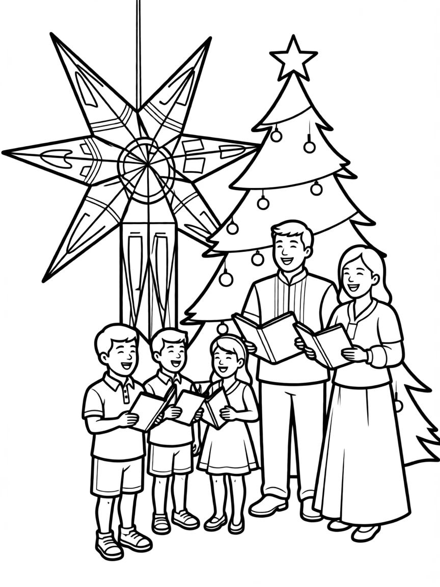 (Philippines) A family singing carols around a parol and Christmas tree during a Filipino Christmas