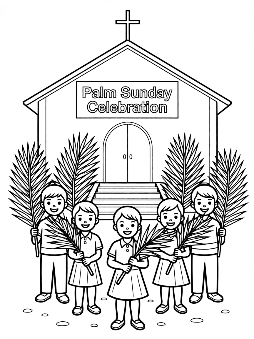 (Philippines) Children carrying palm fronds on Palm Sunday outside a church (Holy Week tradition)