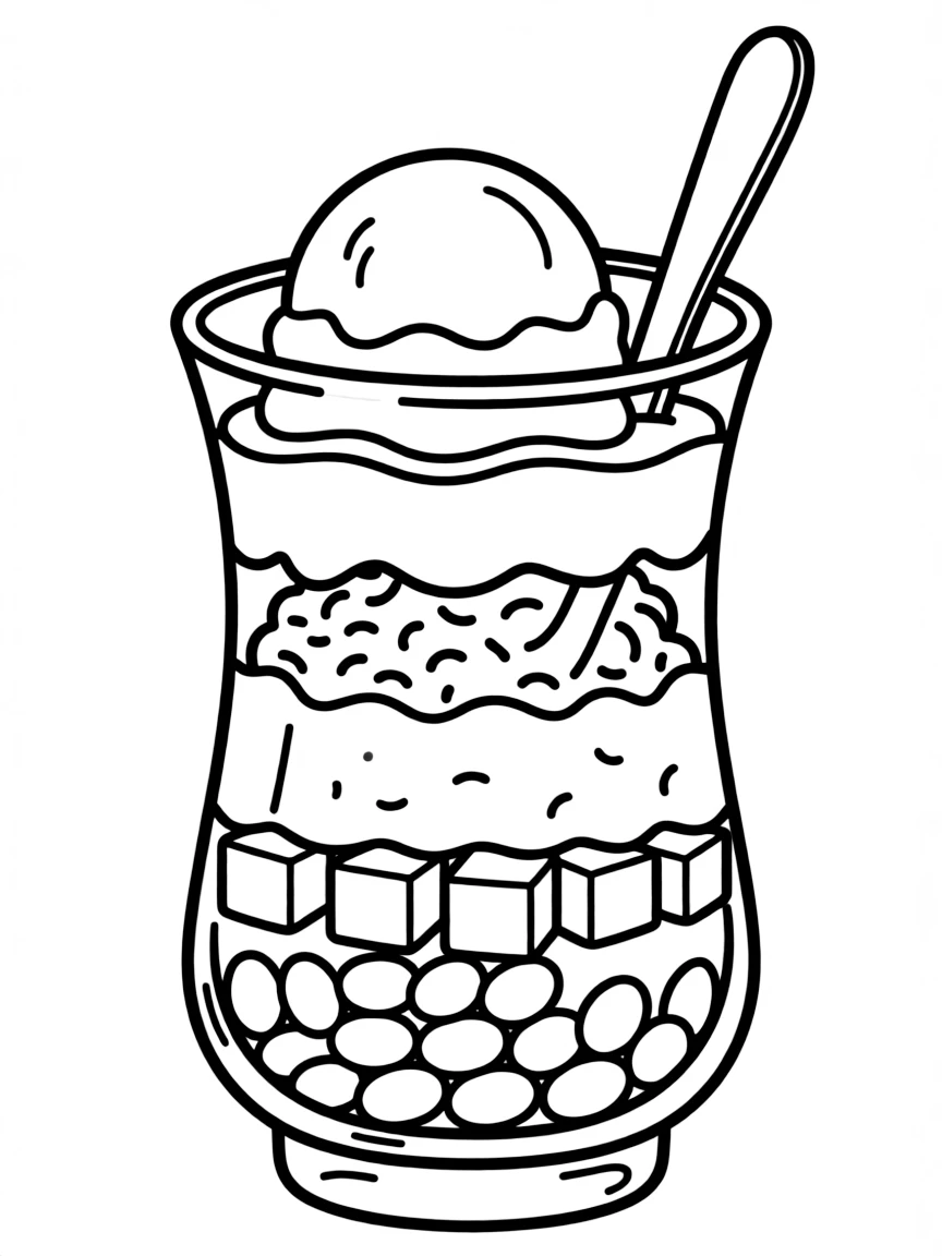 (Philippines) A halo-halo dessert in a tall glass, layered with ube (purple yam), jelly, beans, and ice cream on top