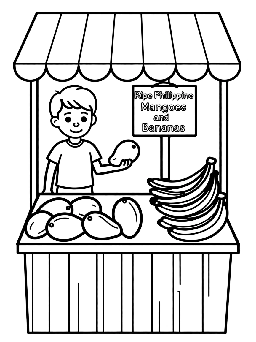 (Philippines) Ripe Philippine mangoes and bananas at a fruit stand (national fruit is mango)