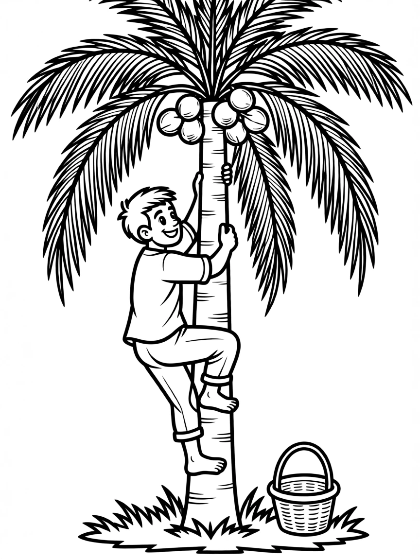 (Philippines) A farmer climbing a coconut tree to gather fresh buko (coconuts) in the province