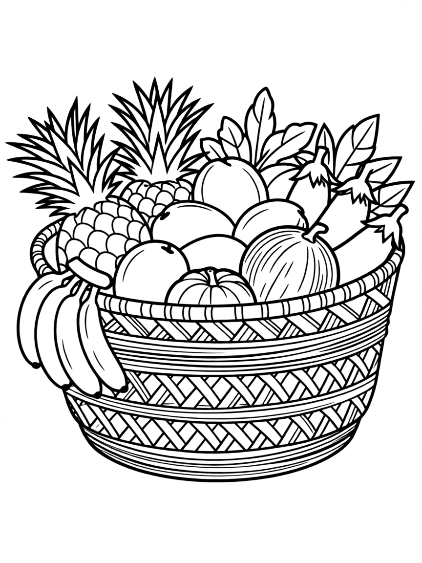 (Philippines) A woven rattan basket filled with tropical fruits and vegetables from a local market