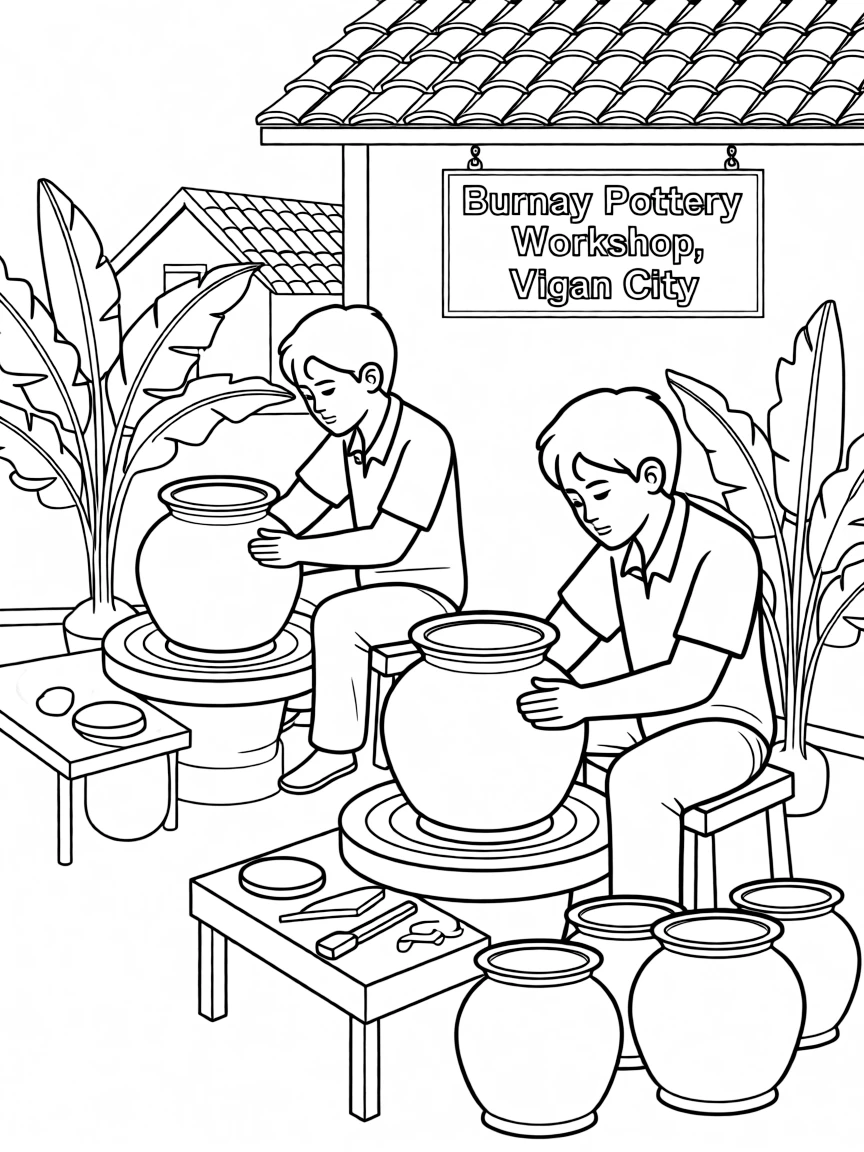(Philippines) Potters in Vigan City making burnay clay jars by hand on a potter’s wheel
