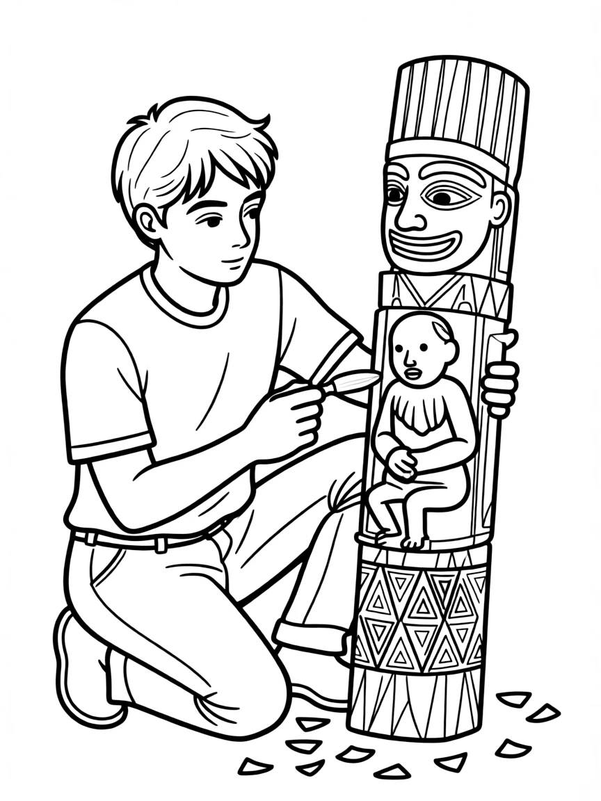 (Philippines) An artist carving a wooden Ifugao rice guardian figure (bulul sculpture)