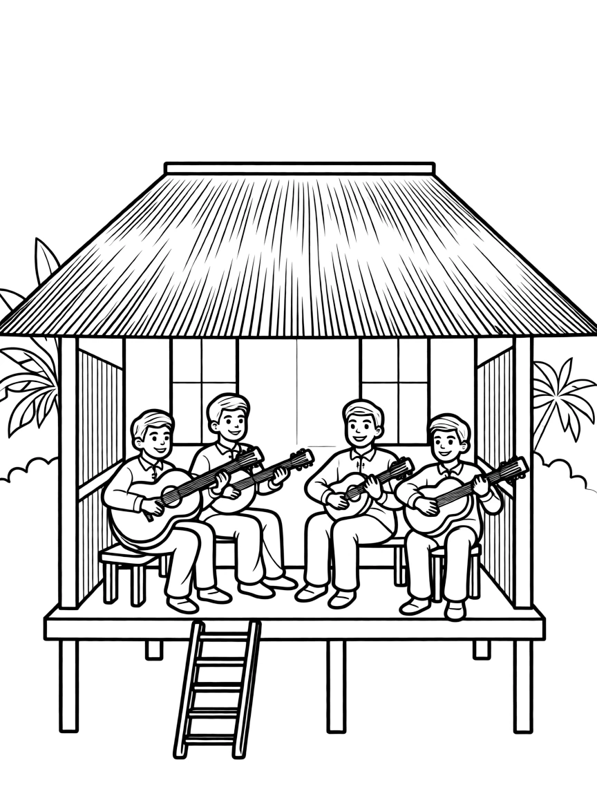 (Philippines) A Filipino band playing guitars and rondalla instruments (stringed instruments) under a bahay kubo