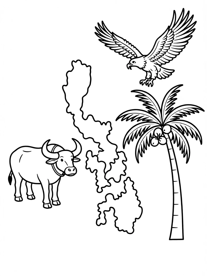(Philippines) A map of the Philippines with drawings of a carabao, an eagle, and a coconut tree around it