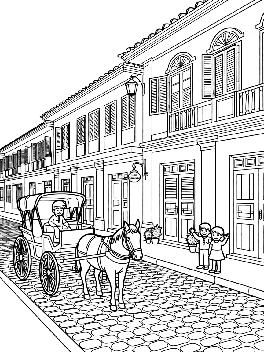 (Philippines) The Calle Crisologo in Vigan with Spanish-era houses and a horse-drawn carriage on cobblestone streets