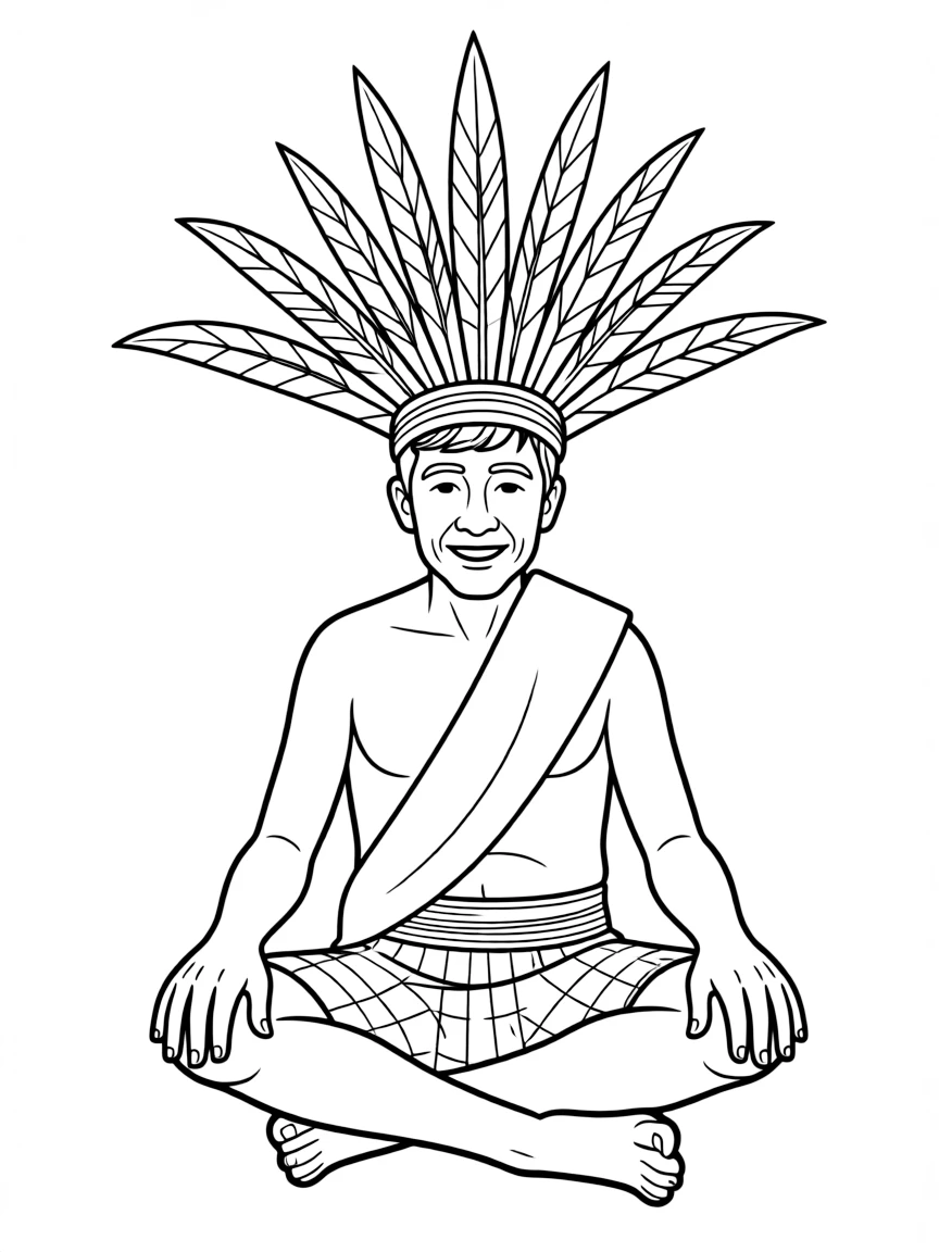 (Philippines) An Ifugao elder in traditional attire with a feathered headdress, sitting and smiling