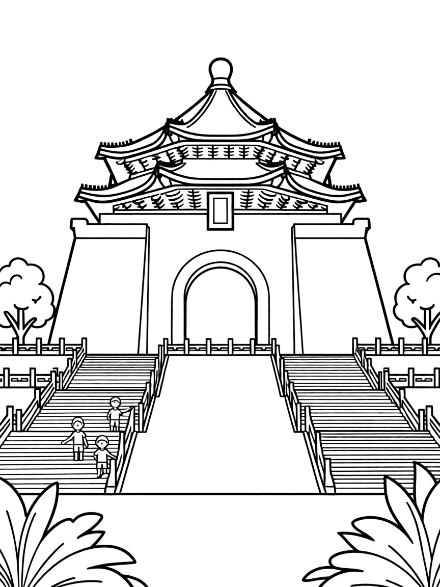 (Taiwan) The grand Chiang Kai-shek Memorial Hall in Taipei with its blue octagonal roof and wide steps