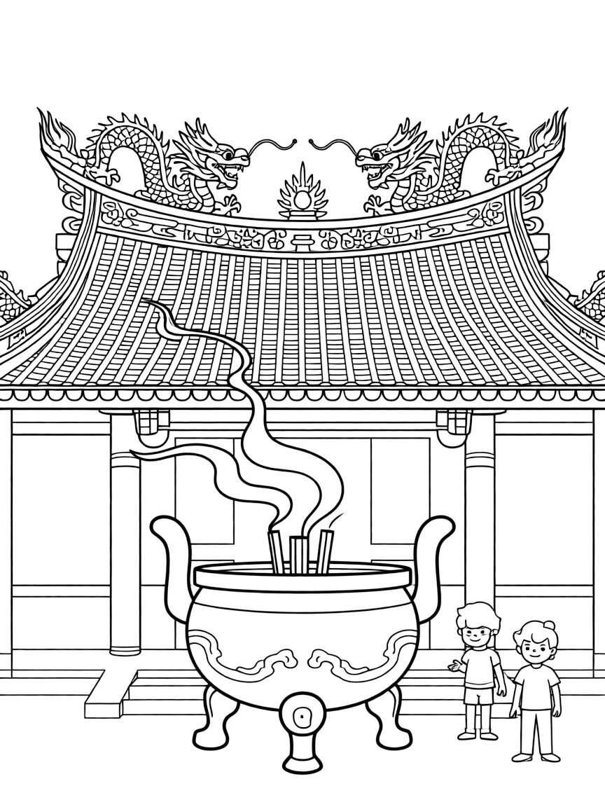 (Taiwan) The colorful Longshan Temple in Taipei with its dragon-adorned roof and incense burning