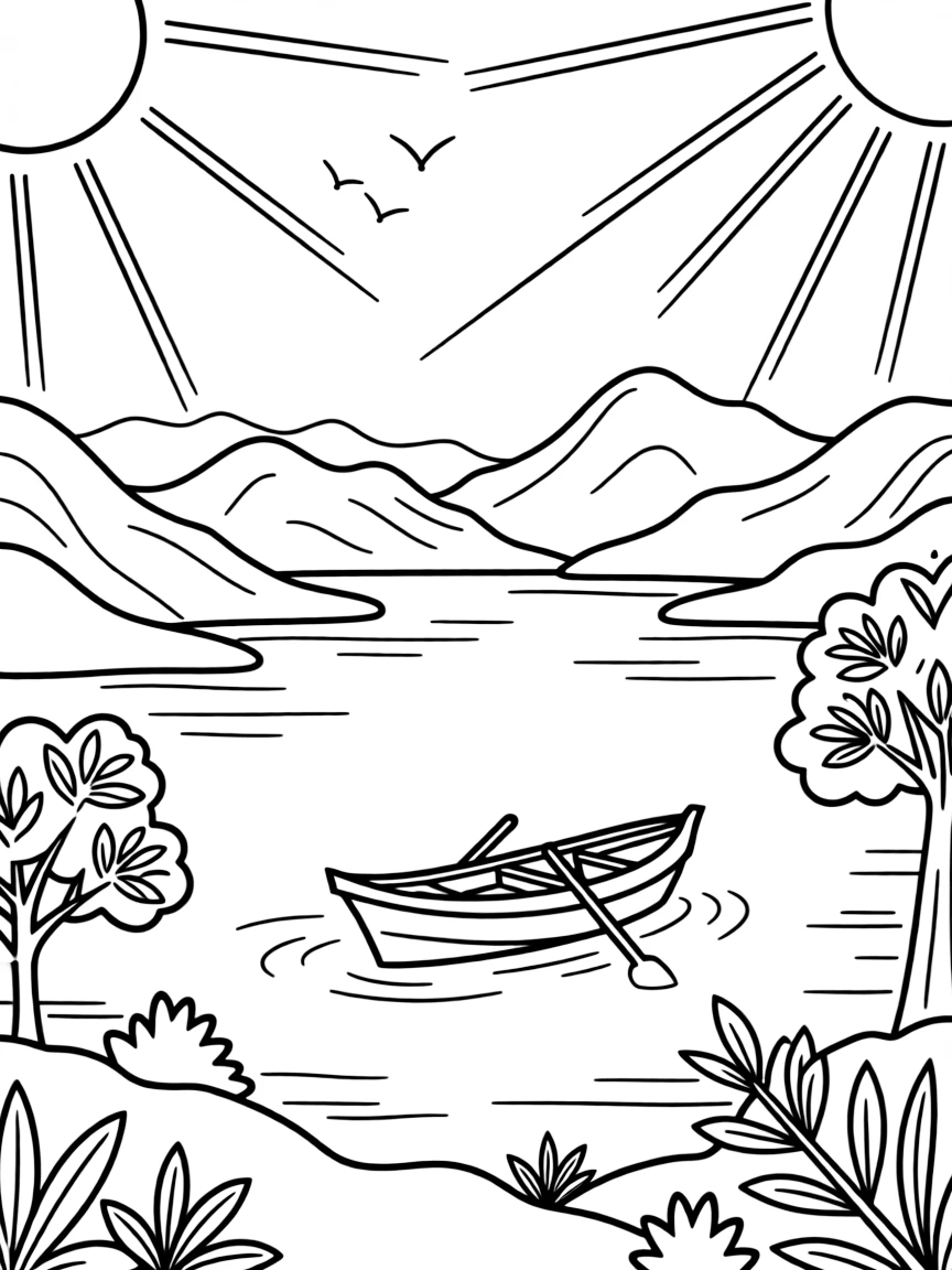 (Taiwan) Sun Moon Lake surrounded by mountains, with a small boat floating on the calm water