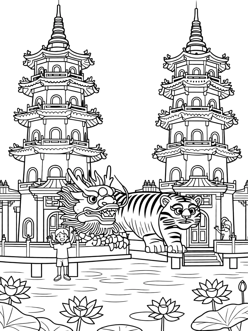 (Taiwan) The Dragon and Tiger Pagodas at Lotus Pond in Kaohsiung, with dragon and tiger sculptures at the entrances