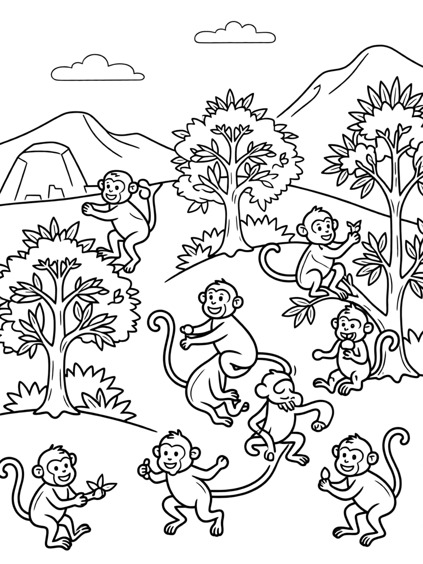 (Taiwan) A group of Formosan rock macaque monkeys playing in the trees on a mountainside