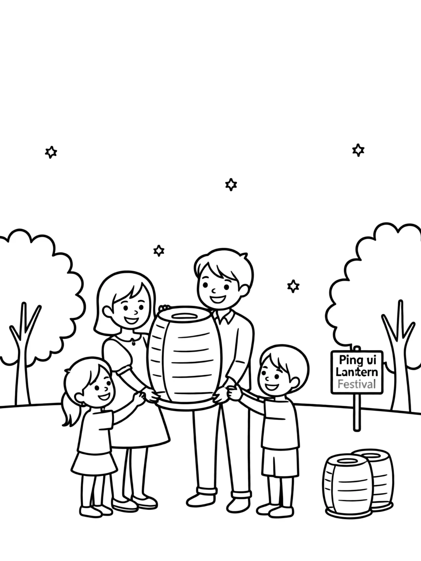 (Taiwan) A family making and releasing sky lanterns during the Pingxi Lantern Festival at night