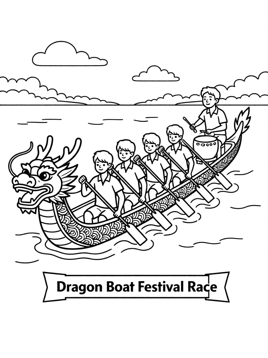 (Taiwan) A team rowing a colorful dragon boat in a race during the Dragon Boat Festival