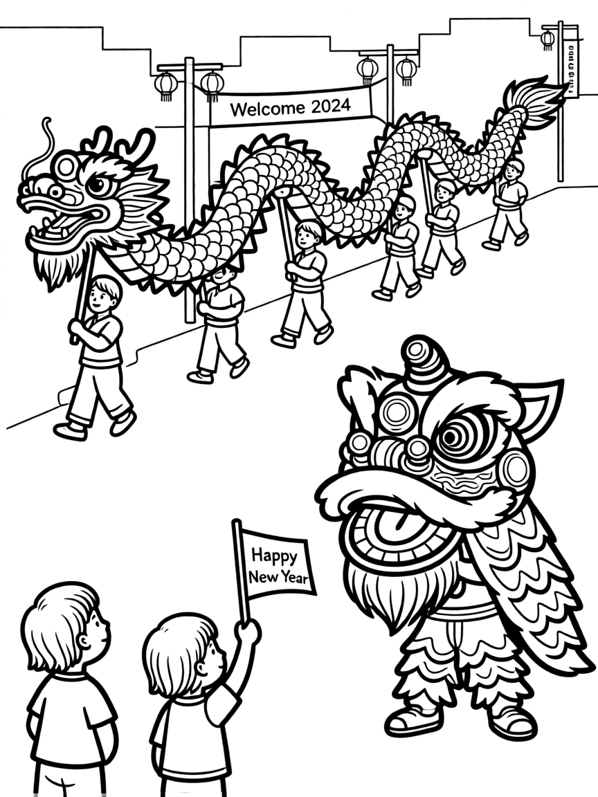(Taiwan) Lion dancers and a long dragon parade in the street for Chinese New Year celebrations in Taiwan