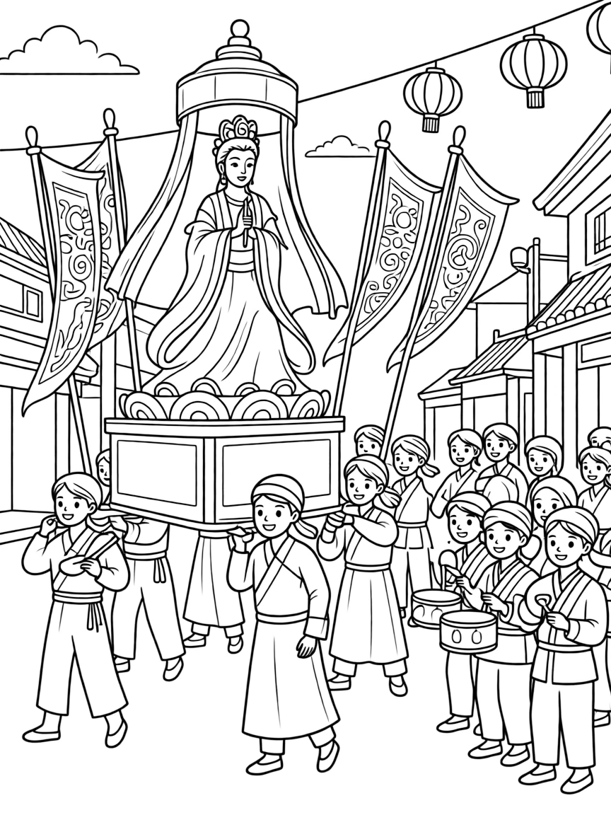 (Taiwan) A street procession carrying a statue of the sea goddess Mazu with temple banners and music