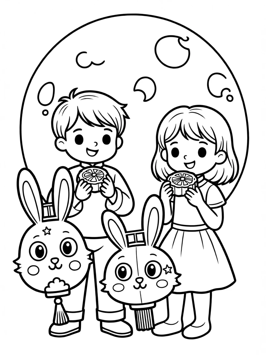 (Taiwan) Children eating mooncakes and carrying rabbit-shaped lanterns for the Mid-Autumn Festival
