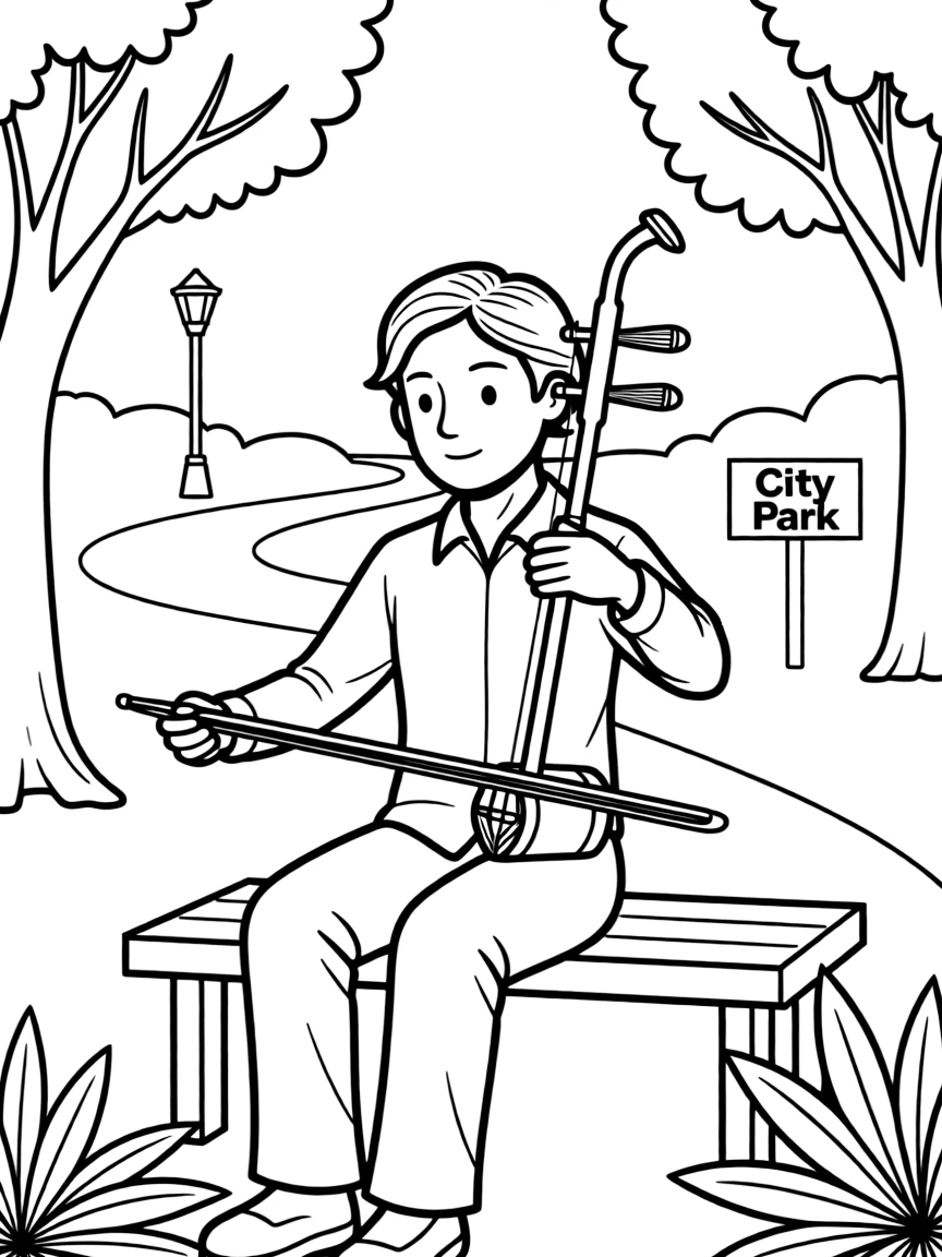 (Taiwan) An artist playing a traditional erhu (two-stringed fiddle) in a park