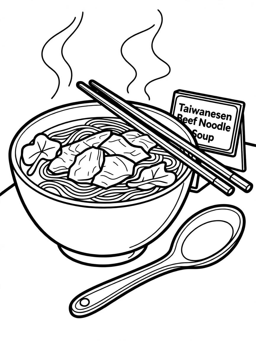 (Taiwan) A steaming bowl of Taiwanese beef noodle soup with chopsticks and a spoon ready