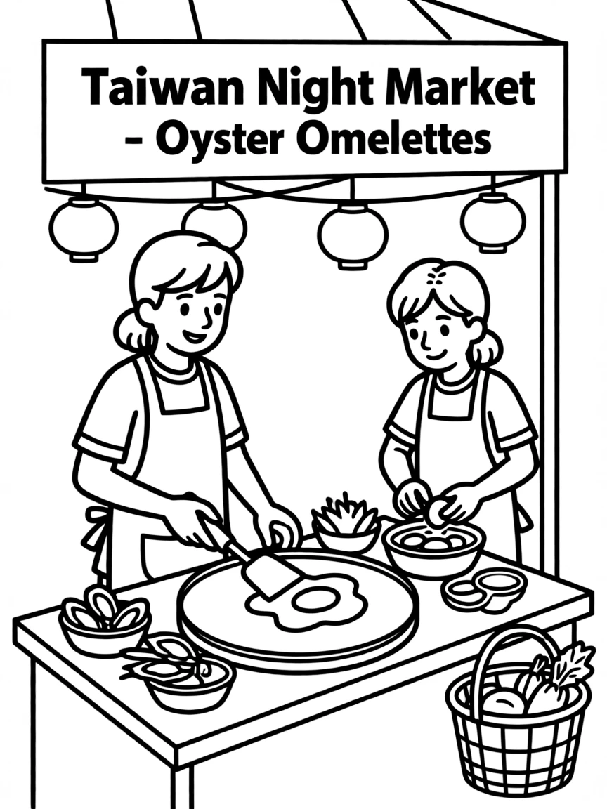 (Taiwan) Street vendors making oyster omelettes on a hot griddle at a night market