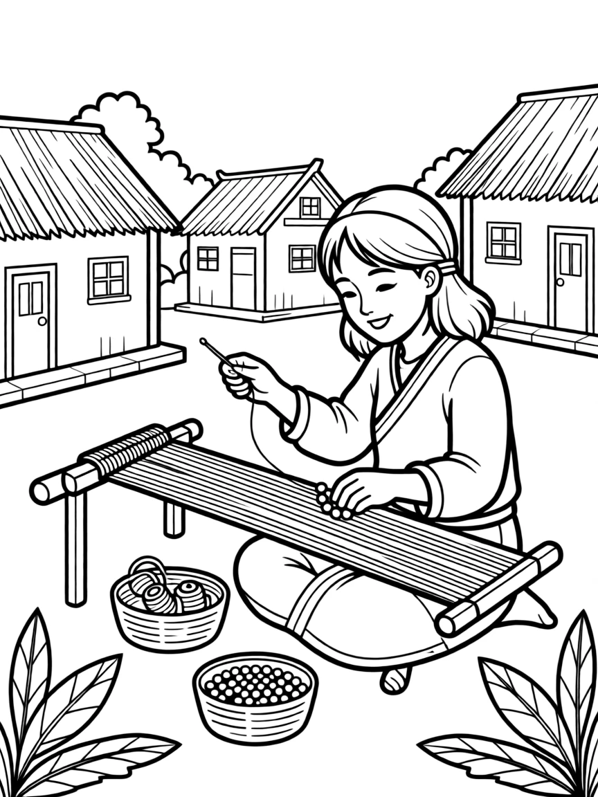 (Taiwan) An indigenous artisan weaving a colorful fabric or stringing beads to make jewelry in a village