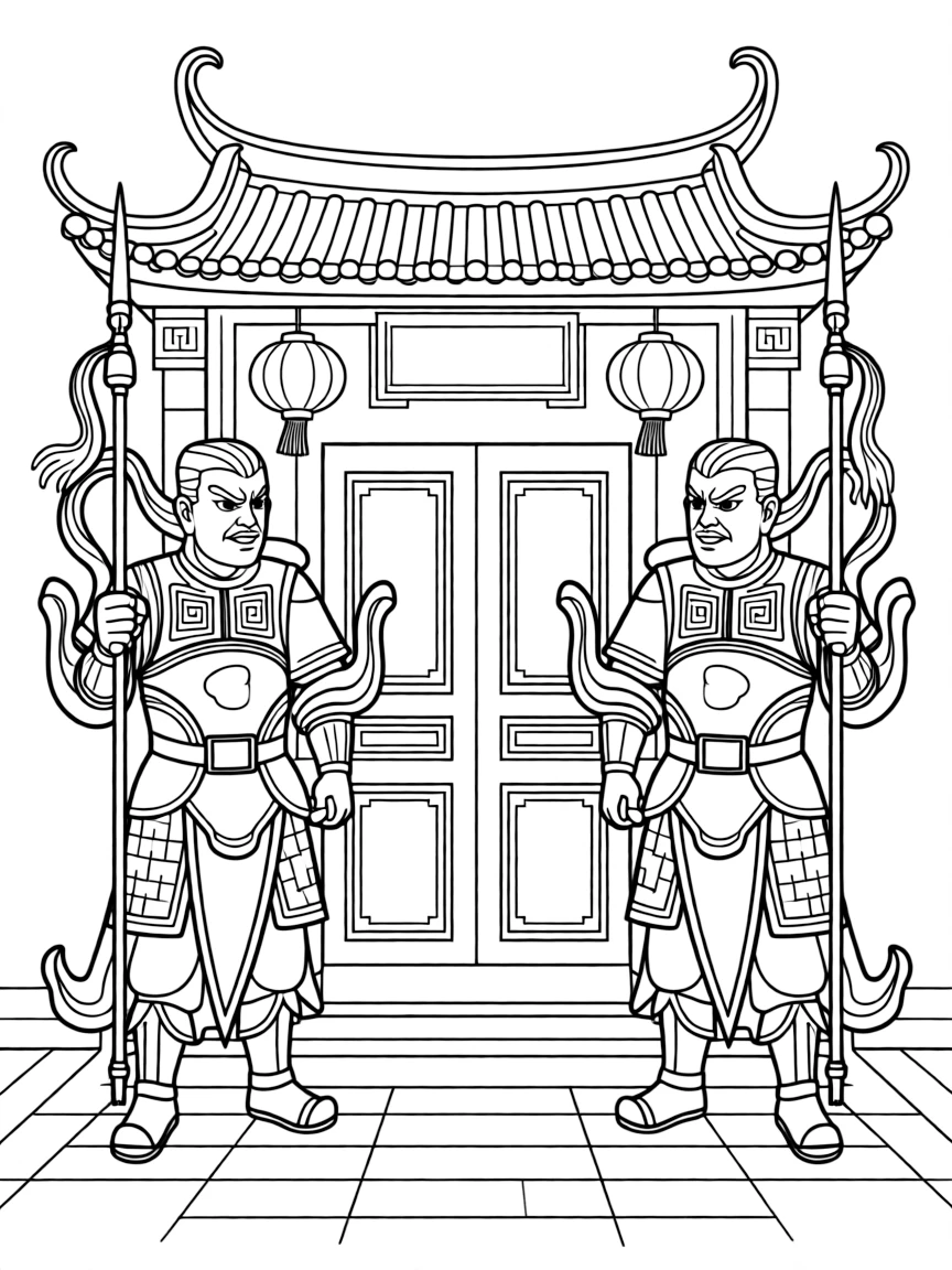 (Taiwan) Brightly painted door gods guarding the entrance of a Taiwanese temple