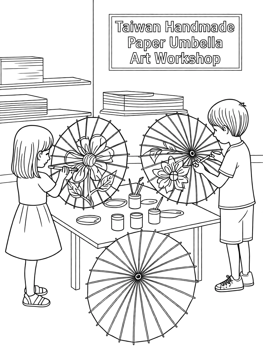 (Taiwan) Handmade paper umbrellas being painted with floral designs in an art workshop