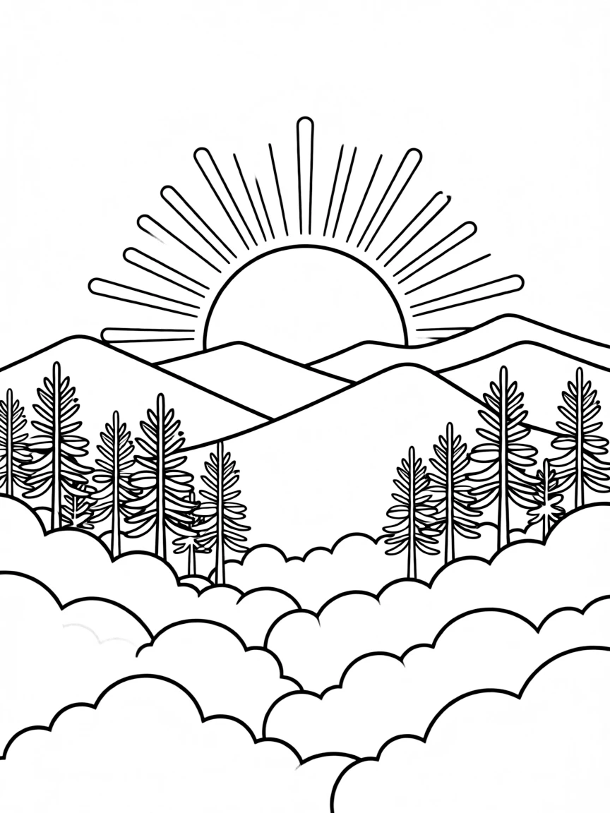(Taiwan) The sun rising over the mountains at Alishan, with silhouettes of trees above a sea of clouds