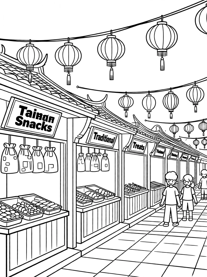 (Taiwan) An old street in Tainan decorated with lanterns and traditional shops selling snacks