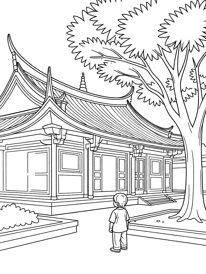 (Taiwan) The Confucius Temple in Tainan with its red walls, golden roof edges, and a peaceful courtyard tree