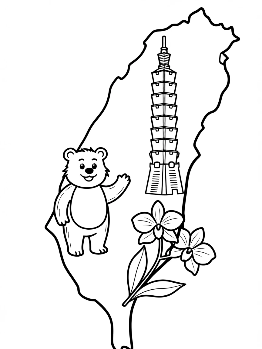 (Taiwan) A map of Taiwan with drawings of a Formosan bear, Taipei 101, and an orchid around it