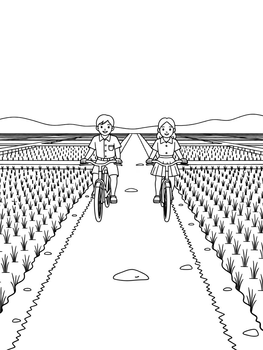 (Taiwan) Students in school uniforms riding bicycles on a rural road lined with rice paddies