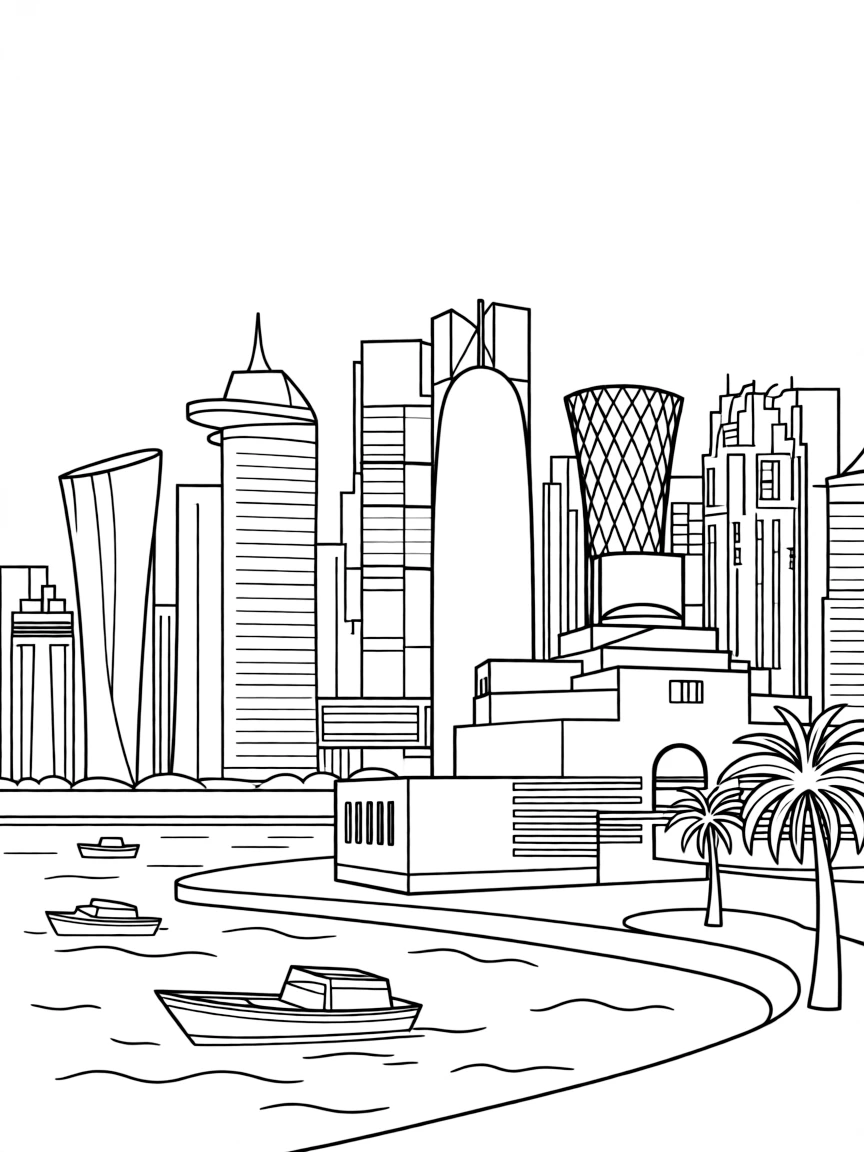 (Qatar) The Doha skyline with its modern skyscrapers and the Museum of Islamic Art on the waterfront