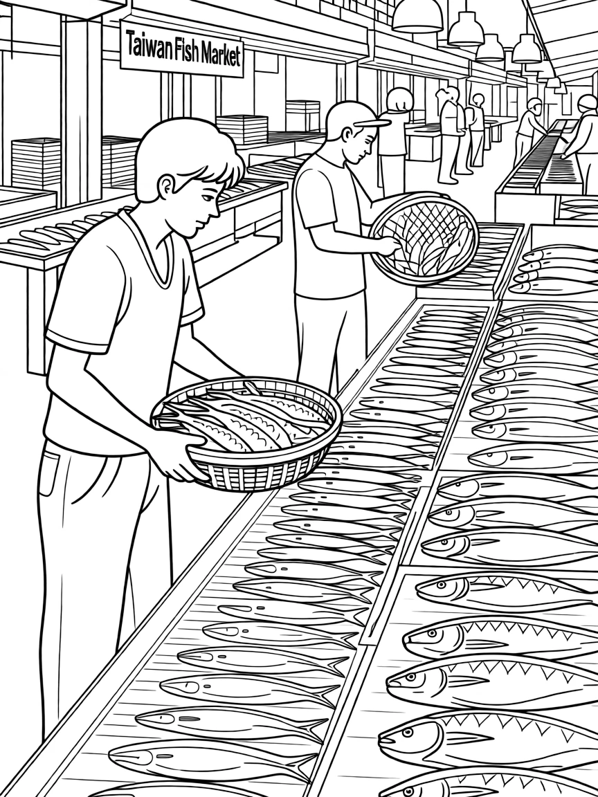 (Taiwan) A bustling fish market at dawn with fishermen unloading their catch and rows of fresh fish on display