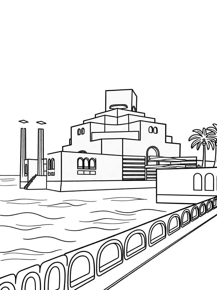(Qatar) The Museum of Islamic Art building with its geometric design and elegant arches by the blue sea