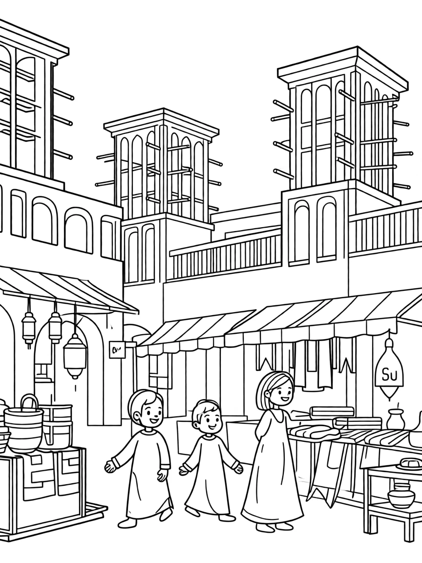 (Qatar) Traditional wind tower (barajeel) buildings in Doha’s historic Souq Waqif market area