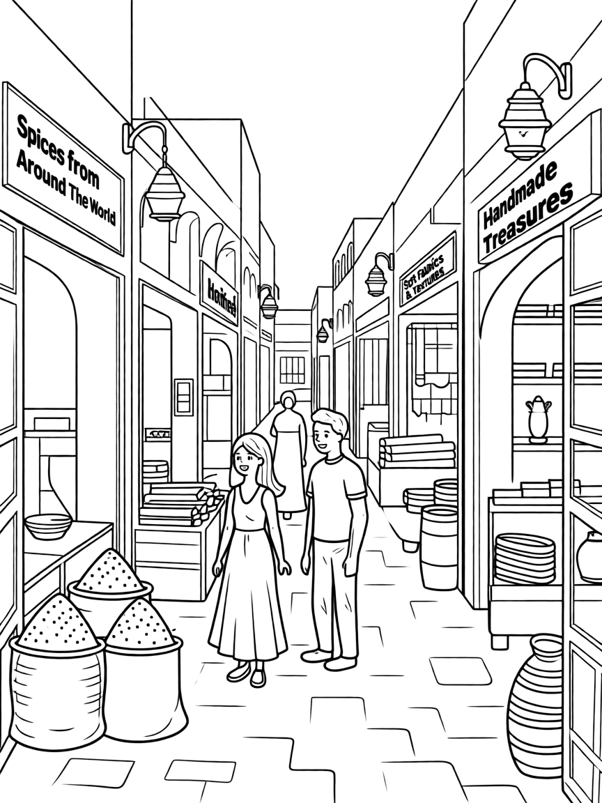 (Qatar) A scene in Souq Waqif with shops selling spices, fabrics, and handicrafts in narrow alleys
