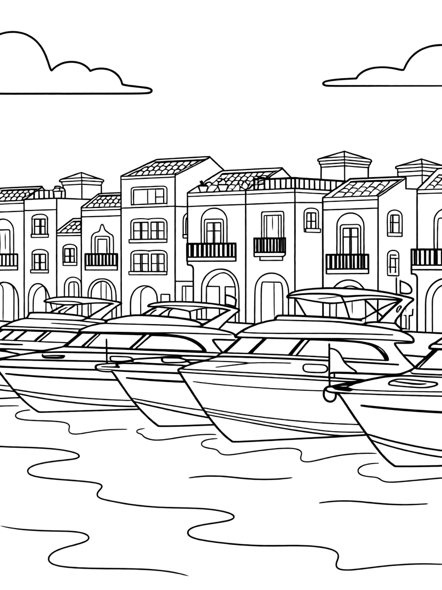 (Qatar) The Pearl-Qatar island marina with yachts and colorful Mediterranean-style buildings