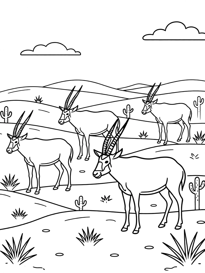 (Qatar) A herd of Arabian oryx (white antelopes with long straight horns), Qatar’s national animal, roaming the desert